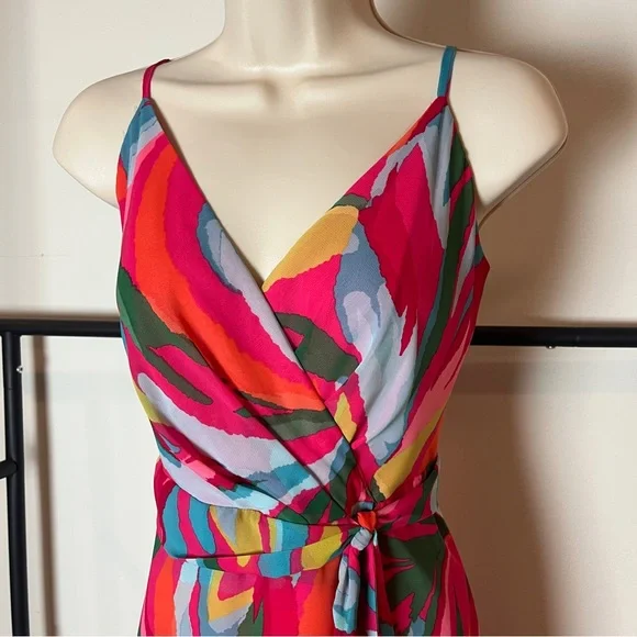 Vince Camuto Pink Tropical Print Wrap Midi Beach Vacation Wedding Event Dress - Picture 7 of 13